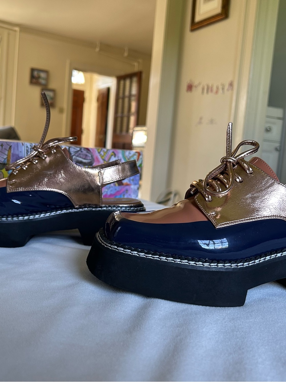 Jeffrey Campbell Rose Gold, Navy & Tan Patent Slingback Lace-Up Mules - Picture 5 of 10